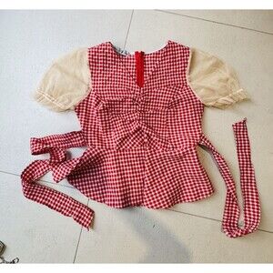Vintage Style Red Gingham Peplum Blouse Sheer Puff Sleeves Bow Front XS S Japan